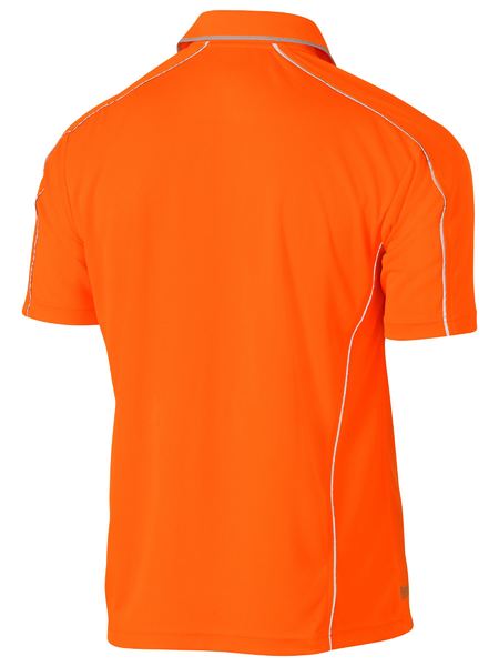 An orange coloured polo tee for men with reflective piping detail. It comes with a ribbed collar and side panels. Made up of breathable and airy polyester fabric ideal for people with active jobs.