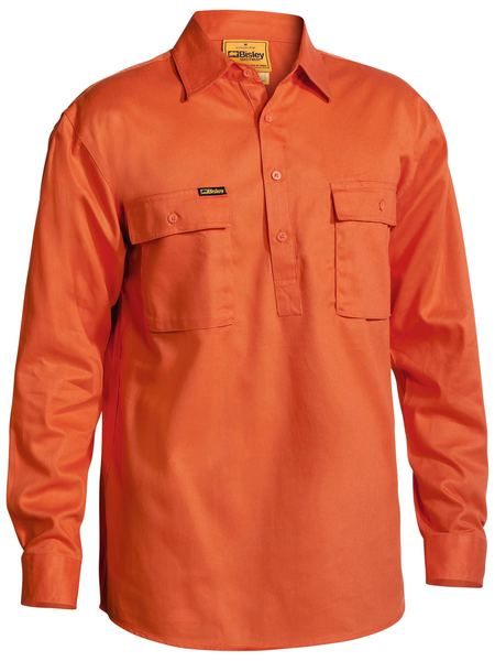 An orange coloured work shirt for men with half placket collared neck. It has two button open chest pockets and adjustable sleeves. Made up of cotton fabric for maximum comfort.