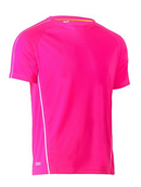 A pink coloured work tee for men with reflective pipe detail. It has a ribbed crew neck with side panels and additional piping. Made up of stretchy polyester that is ideal for an active job.