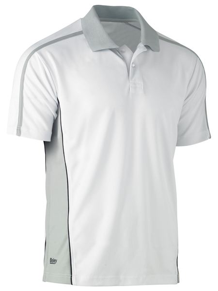 A white coloured polo work shirt for men with ribbed collar. It features contrast panels and piping for an active look. Made up of polyester that is breathable and airy.