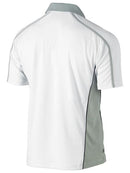 A white coloured polo work shirt for men with ribbed collar. It features contrast panels and piping for an active look. Made up of polyester that is breathable and airy.