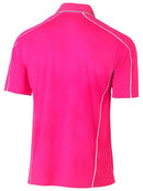A pink coloured polo tee for men with reflective piping detail. It comes with a ribbed collar and side panels. Made up of breathable and airy polyester fabric ideal for people with active jobs.