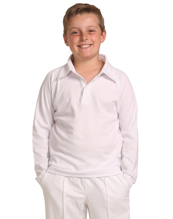 Kids White Cricket Polo Tee- Long Sleeve