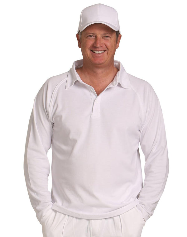Mens White Cricket Polo Tee- Long Sleeve