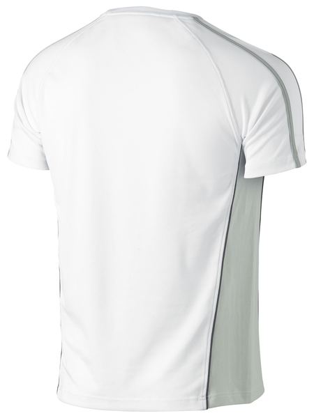 A white coloured work tee for men with contrast panels and piping. Made up of polyester that provides ease of movement and stretch.