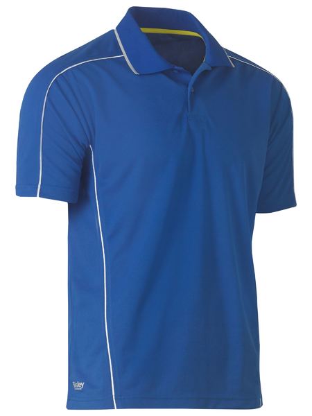 A royal coloured polo tee for men with reflective piping detail. It comes with a ribbed collar and side panels. Made up of breathable and airy polyester fabric ideal for people with active jobs.