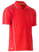 A red coloured polo tee for men with reflective piping detail. It comes with a ribbed collar and side panels. Made up of breathable and airy polyester fabric ideal for people with active jobs.