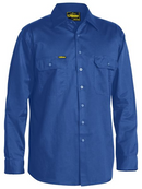 A royal coloured work shirt for men with collared neck and button down closure. It has two button open chest pockets with two gusset sleeves. Made up of lightweight and airy fabric.