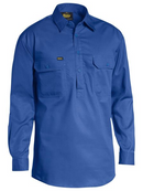 A royal coloured half placket collared work shirt for men. Comes with two button open chest pockets and adjustable buttoned cuffs. Made up of light cotton fabric and mesh patches in various heat stress areas.