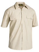 A sand coloured work shirt for men with collared neck and button down closure. It has two chest pockets with button open flaps. Made up of a mix of polyester and cotton for maximum comfort.