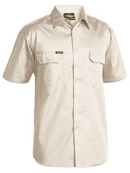 A sand coloured work shirt for men with collared button down closure. It has two button open chest pockets and mesh ventilation patches at heat areas. Made up of lightweight and airy cotton fabric.