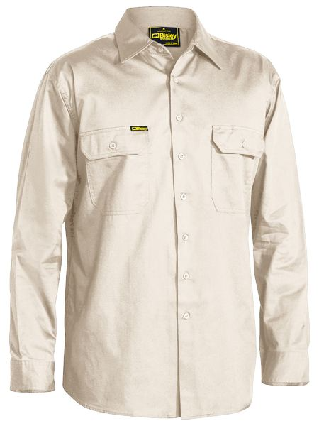 A sand coloured work shirt for men with collared neck and button down closure. It has two button open chest pockets with two gusset sleeves. Made up of lightweight and airy fabric.