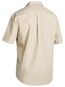 A sand coloured work shirt for men with collared neck and button down closure. It has two chest pockets with button open flaps. Made up of a mix of polyester and cotton for maximum comfort.