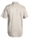A sand coloured work shirt for men with collared button down closure. It has two button open chest pockets and mesh ventilation patches at heat areas. Made up of lightweight and airy cotton fabric.