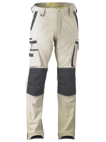 A stone coloured zip cargo pants for men with a curved waistband. It has contrast coloured knee patches and multifunctional pockets. Made up of a mixture of cotton, nylon and spandex to provide maximum comfort.