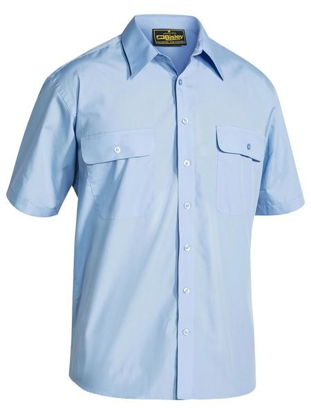 A sky coloured work shirt for men with collared neck and button down closure. It has two chest pockets with button open flaps. Made up of a mix of polyester and cotton for maximum comfort.