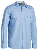 A sky coloured work shirt for men with collared neck and button down closure. It has two chest pockets with button open flaps and adjustable buttoned sleeves. Made up of a mix of polyester and cotton for maximum comfort.