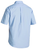 A sky coloured work shirt for men with collared neck and button down closure. It has two chest pockets with button open flaps. Made up of a mix of polyester and cotton for maximum comfort.