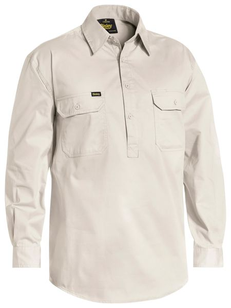 A sand coloured half placket collared work shirt for men. Comes with two button open chest pockets and adjustable buttoned cuffs. Made up of light cotton fabric and mesh patches in various heat stress areas.