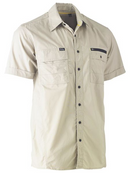 A stone coloured work shirt for men with collared button up closure. Comes with two unique flap chest pockets and multifunctional features. Made up of stretch cotton and spandex to provide ease of comfort. Ideal for people with active work jobs.