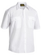 A white coloured work shirt for men with collared neck and button down closure. It has two chest pockets with button open flaps. Made up of  a mix of polyester and cotton for maximum comfort.