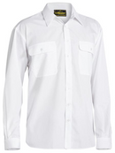A white coloured work shirt for men with collared neck and button down closure. It has two chest pockets with button open flaps and adjustable buttoned sleeves. Made up of a mix of polyester and cotton for maximum comfort.