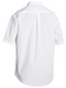 A white coloured work shirt for men with collared neck and button down closure. It has two chest pockets with button open flaps. Made up of a mix of polyester and cotton for maximum comfort.