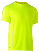 A yellow coloured work tee for men with reflective pipe detail. It has a ribbed crew neck with side panels and additional piping. Made up of stretchy polyester that is ideal for an active job. 