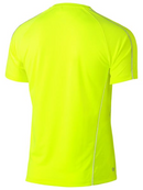 A yellow coloured work tee for men with reflective pipe detail. It has a ribbed crew neck with side panels and additional piping. Made up of stretchy polyester that is ideal for an active job.