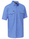 A blue coloured work shirt for men with collared button down closure. It has two multifunctional flap open chest pockets for storing handy things . Made up of lightweight and airy cotton fabric. 