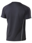 A charcoal coloured work tee for men with reflective pipe detail. It has a ribbed crew neck with side panels and additional piping. Made up of stretchy polyester that is ideal for an active job.