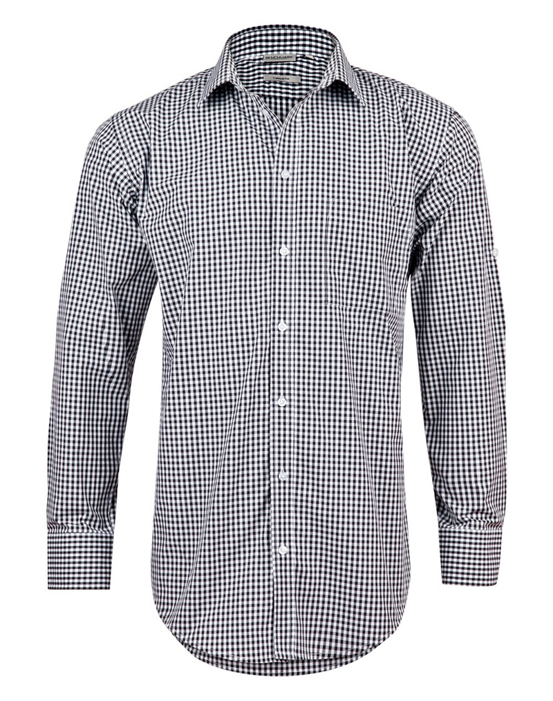 Gingham Check Shirt With Roll-Up Tab Sleeve For Men - Long Sleeve