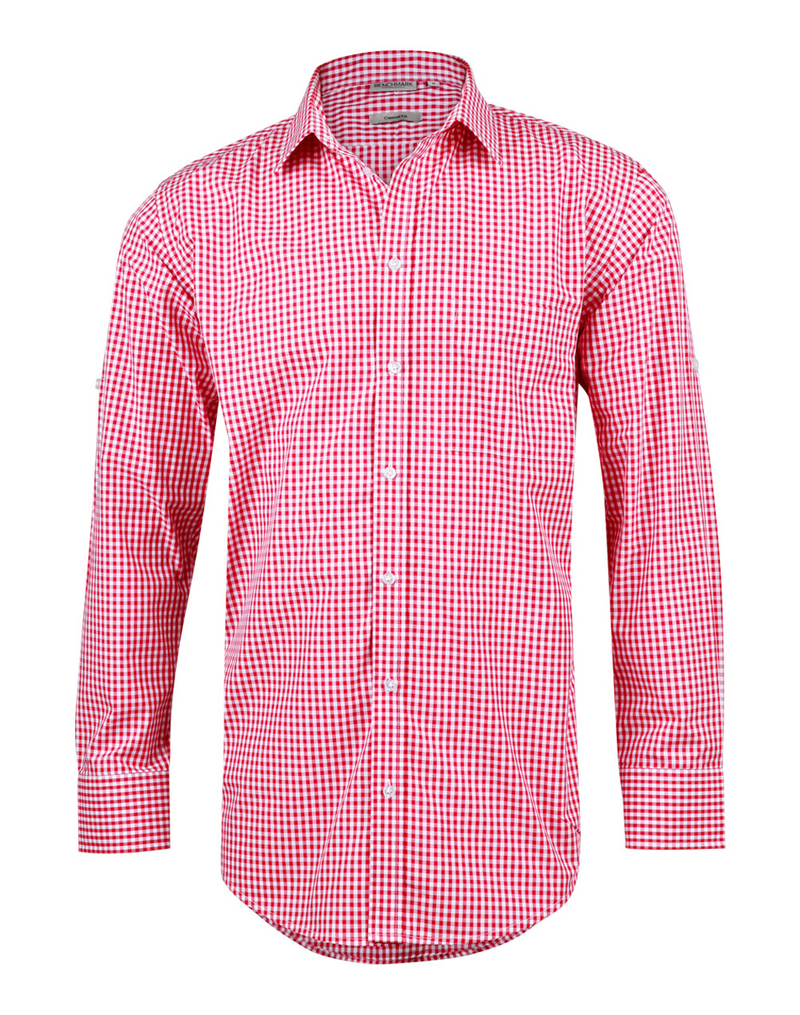 Gingham Check Shirt With Roll-Up Tab Sleeve For Men - Long Sleeve