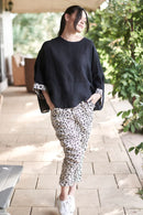 The Grace Linen Top - Black w/leopard cuff detail