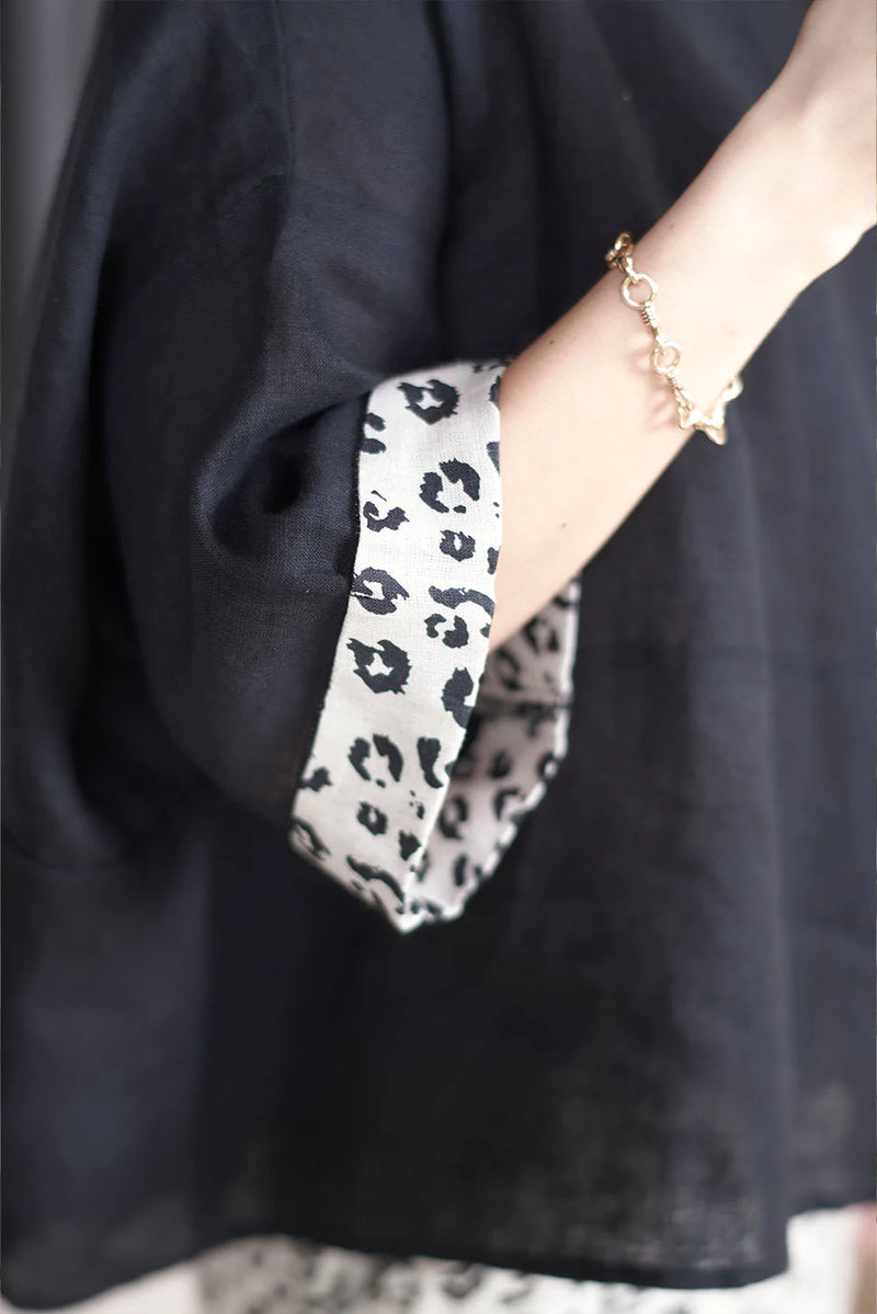 The Grace Linen Top - Black w/leopard cuff detail