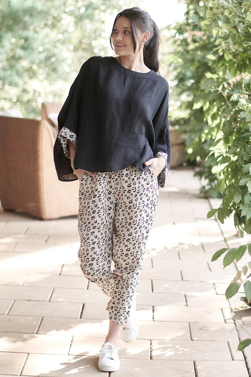 The Grace Linen Top - Black w/leopard cuff detail