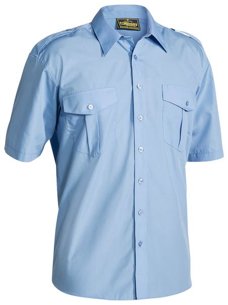 A sky coloured work shirt for men with epaulette detailing on the shoulders. Comes with two buttoned chest pockets and a single pleat at the back. Made up of a mixture of polyester and cotton for a comfortable fit. Also has a collared button down closure for a structured look.