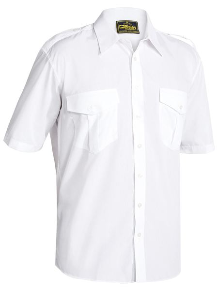 A white coloured work shirt for men with epaulette detailing on the shoulders. Comes with two buttoned chest pockets and a single pleat at the back. Made up of a mixture of polyester and cotton for a comfortable fit. Also has a collared button down closure for a structured look.